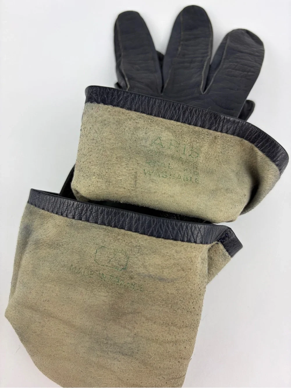 VTG 50s Aris of Paris Navy Blue Kid Suede Leather Hand Gloves Beaded Cuff 7